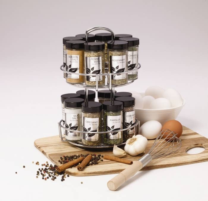 The spice rack filled with jars