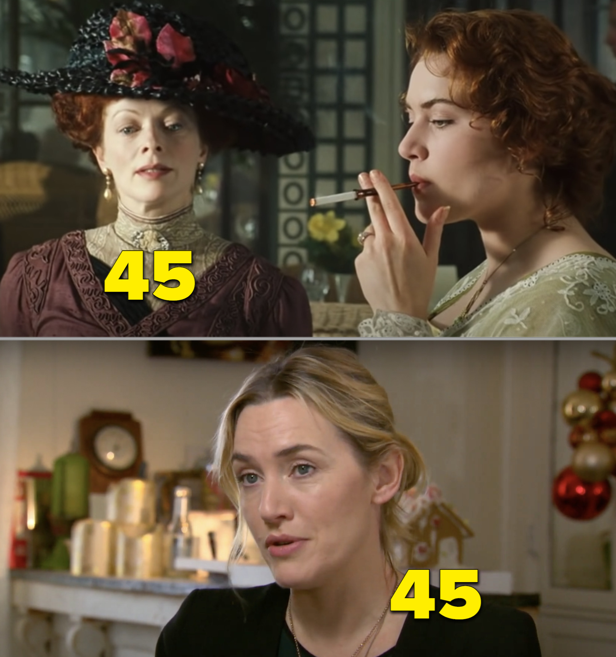 Side-by-side of Rose and her mom in &quot;Titanic&quot; with an interview of Kate Winslet in 2020