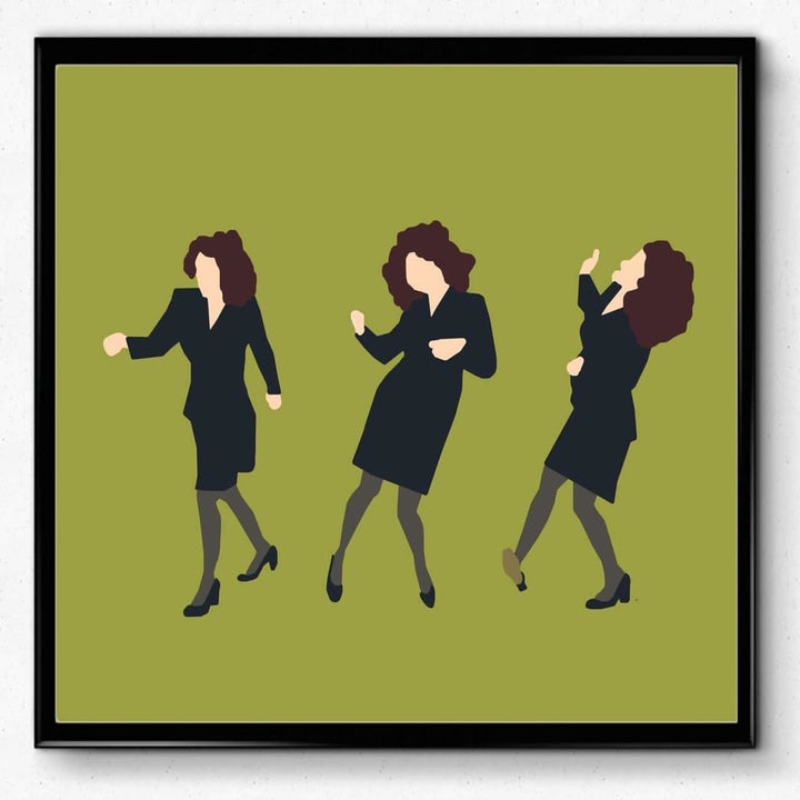 The poster with three illustrations of Elaine dancing on a green background