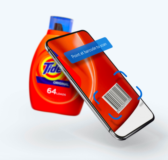 Phone scanning a bottle of laundry detergent 