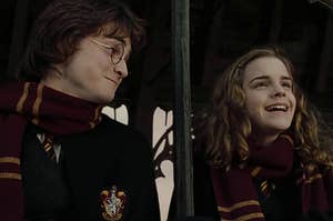 Harry and Hermione watching a quidditch game together