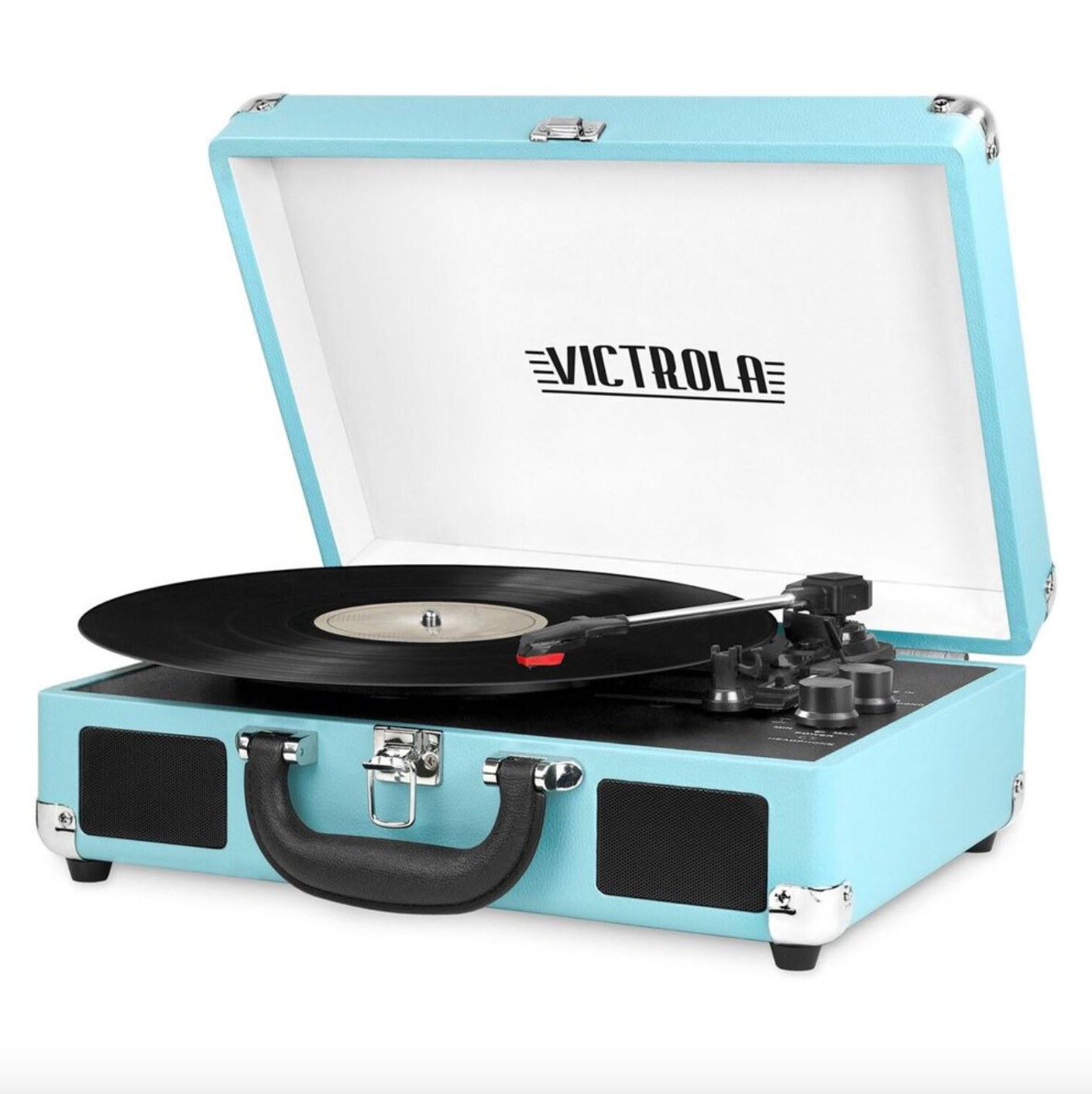 The portable record player in turquoise