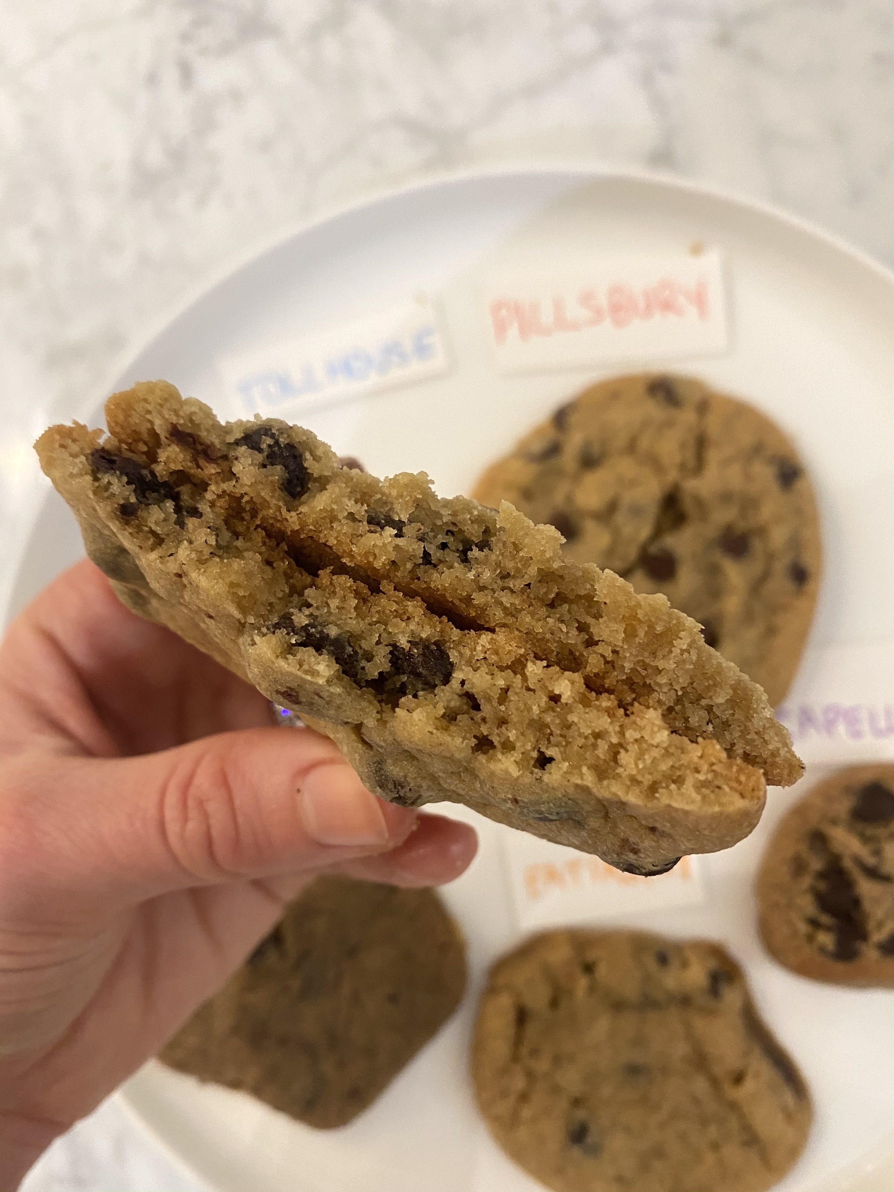 A Toll House cookie cut in half.