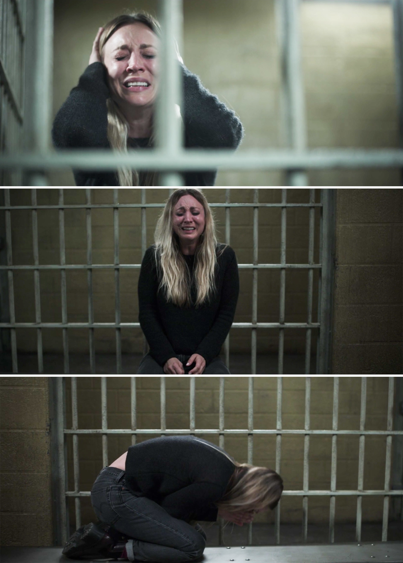 Cassie weeping in a jail cell