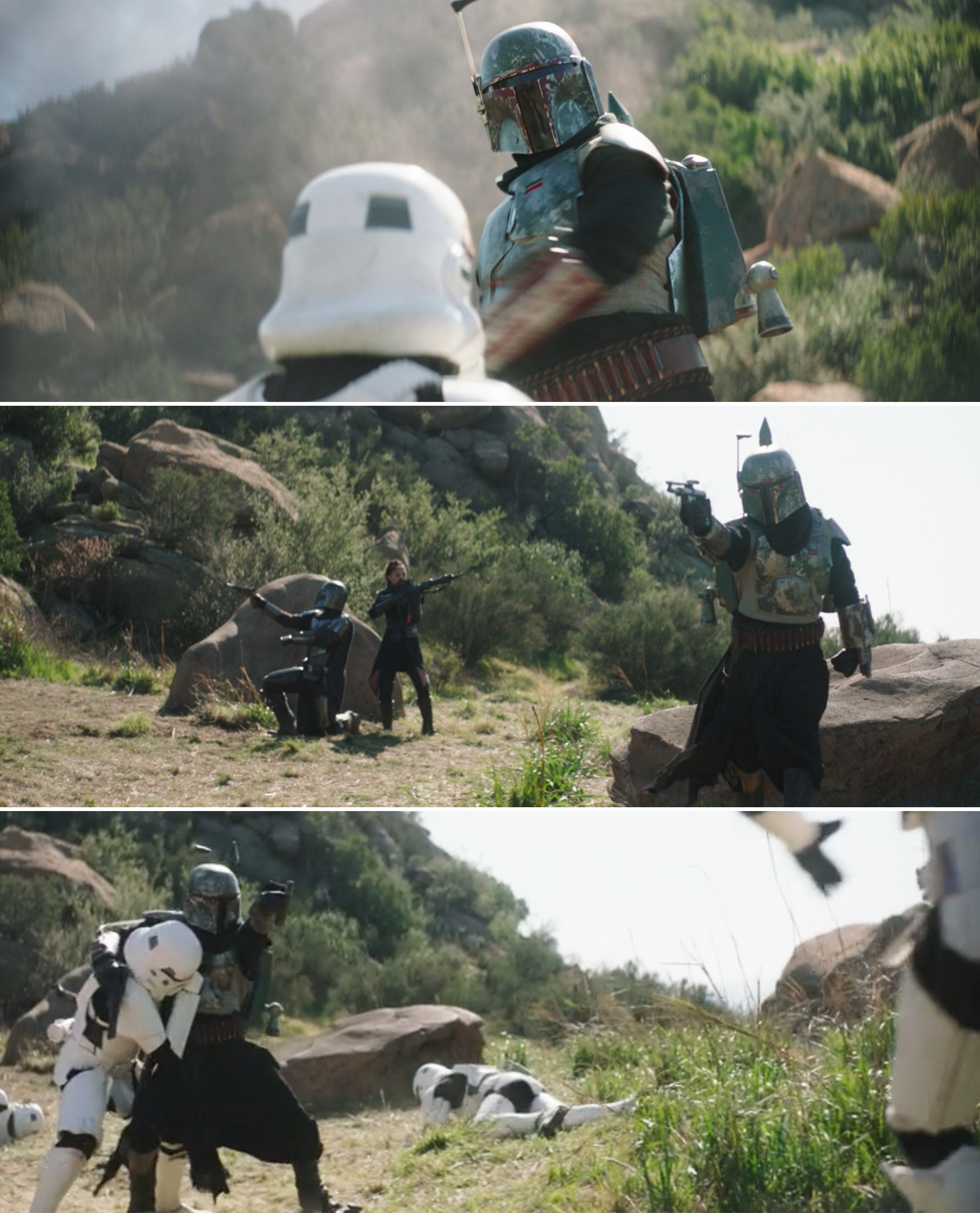 Boba Fett fighting several Stormtroopers