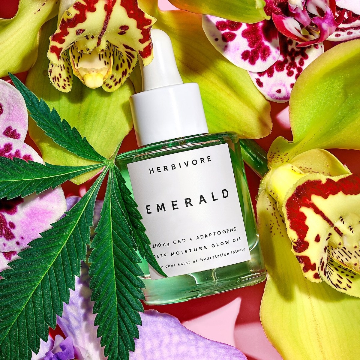 A bottle of Herbivore Emerald CBD + Adaptogens Deep Moisture Glow Oil surrounded by various leaves, flowers, and a marijuana plant