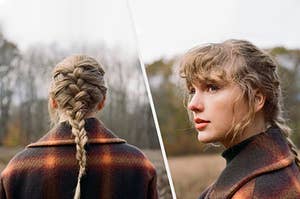 Taylor Swift looking off into some woods with the leave all fallen from the trees
