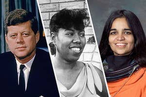 JFK, Ruby Nell Bridges Hall, and Kalpana Chawla posing together