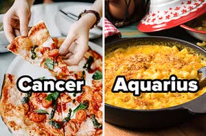 Pizza with the word "cancer" and mac and cheese with the word "Aquarius"