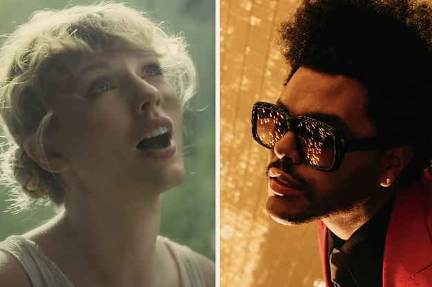 Taylor Swift singing "Cardigan" next to The Weeknd in the "Blinding Lights" music video