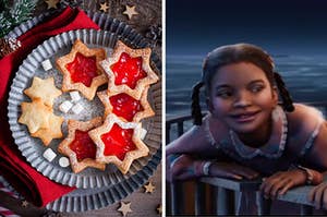 On the left, some Linz cookies on a plate, and on the right, the girl from "The Polar Express"