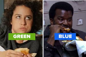 on the left, a woman with curly hair has her mouth full, looking up as if enjoying her food. next to her is a man eating fried chicken, looking away as if watching tv