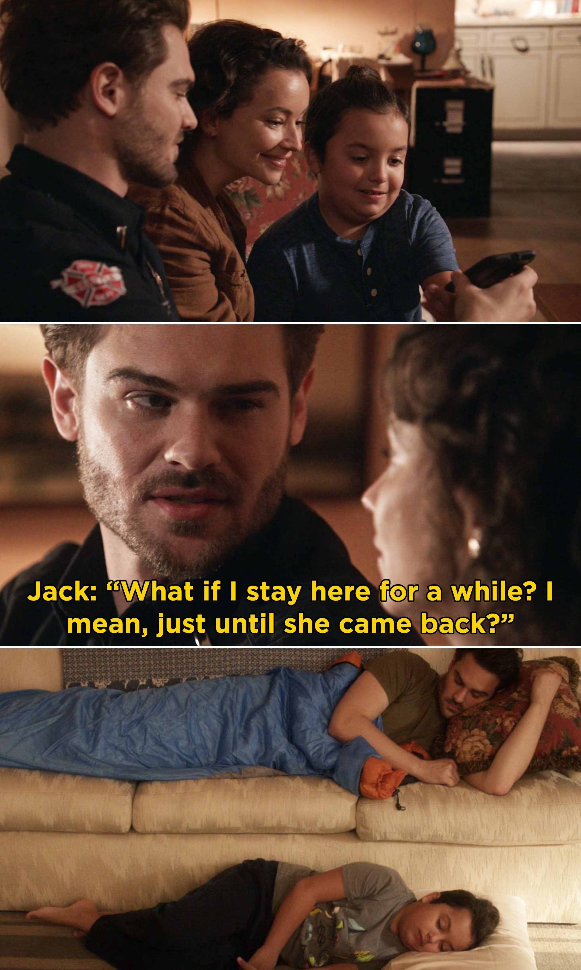 Jack telling Inara, &quot;What if I stay her for a whole? I mean, just until she came back?&quot; And, Jack sleeping on the couch and Marcus sleeping on the floor next to him