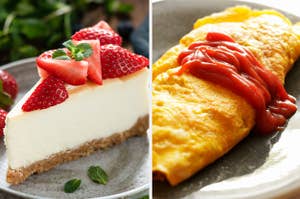 Side-by-side images of cheesecake and eggs with ketchup on them