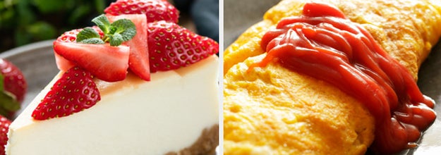 Side-by-side images of cheesecake and eggs with ketchup on them