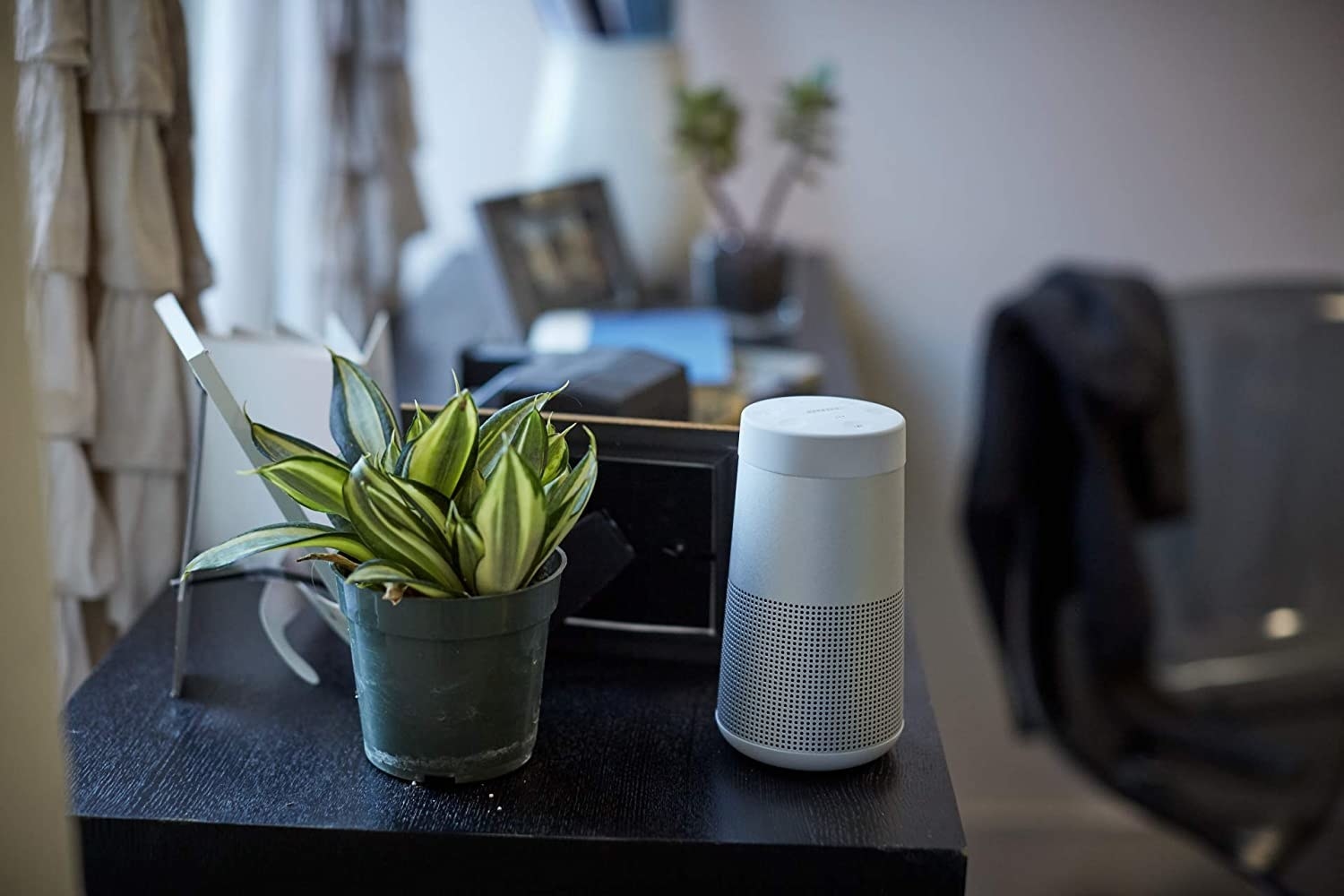 white and silver bose speaker on a table next to a plant