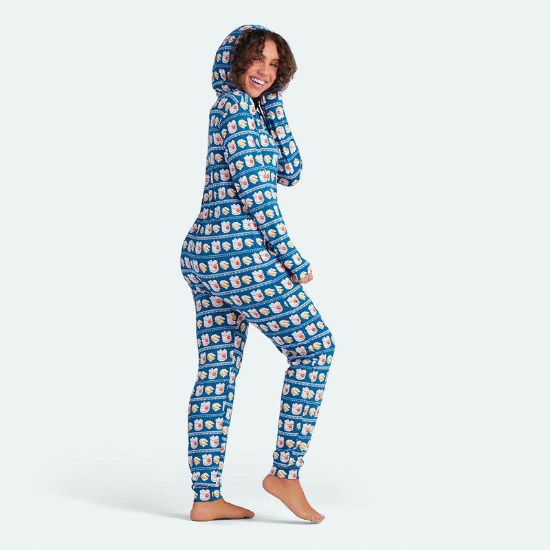 woman wearing blue onesie with takeout box pattern