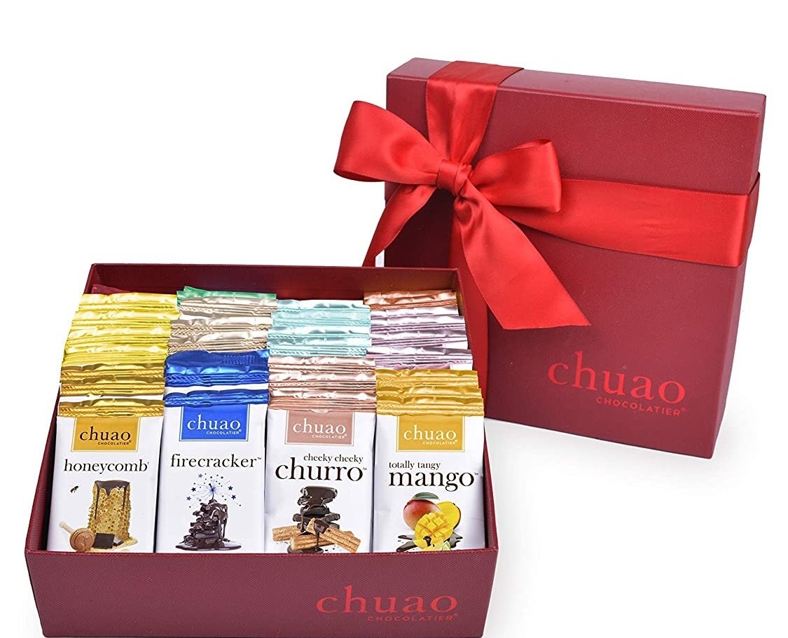 red gift box of various chuao chocolate bars inside