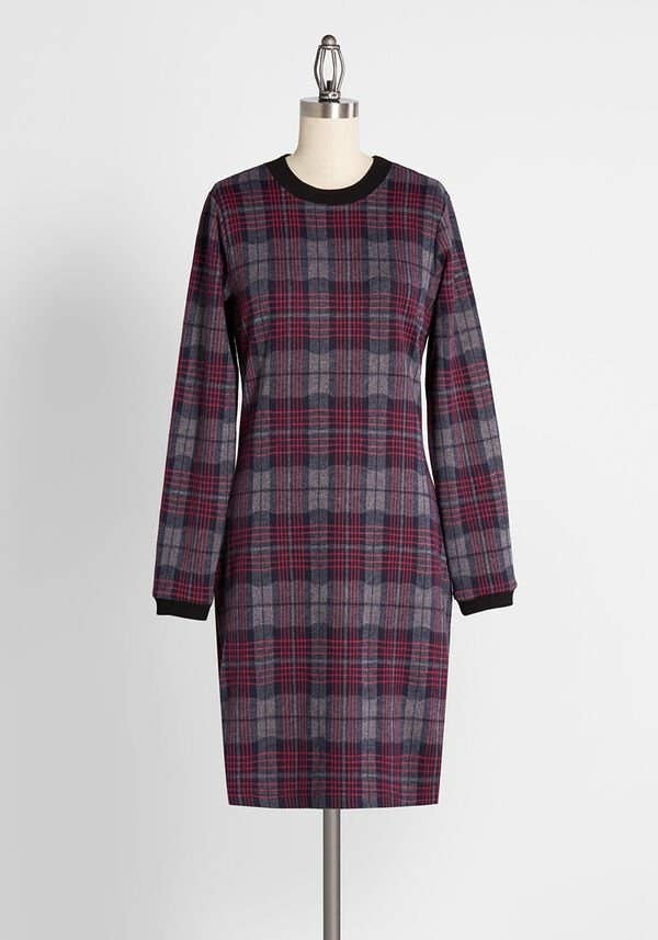 the plaid mini dress with a black neckline and tapered black sleeve hems