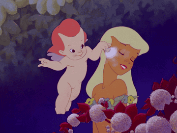 a cartoon cherub applying blush to a woodland fairy