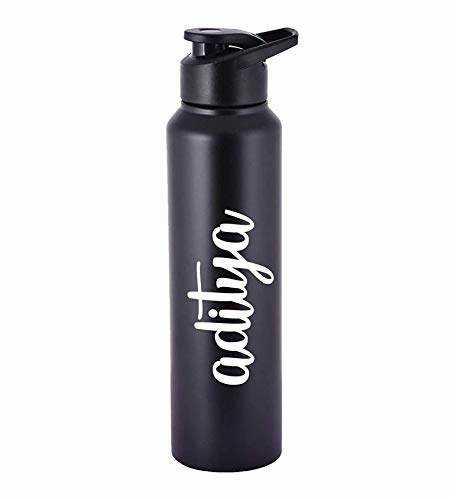 Black water bottle with white cursive lettering