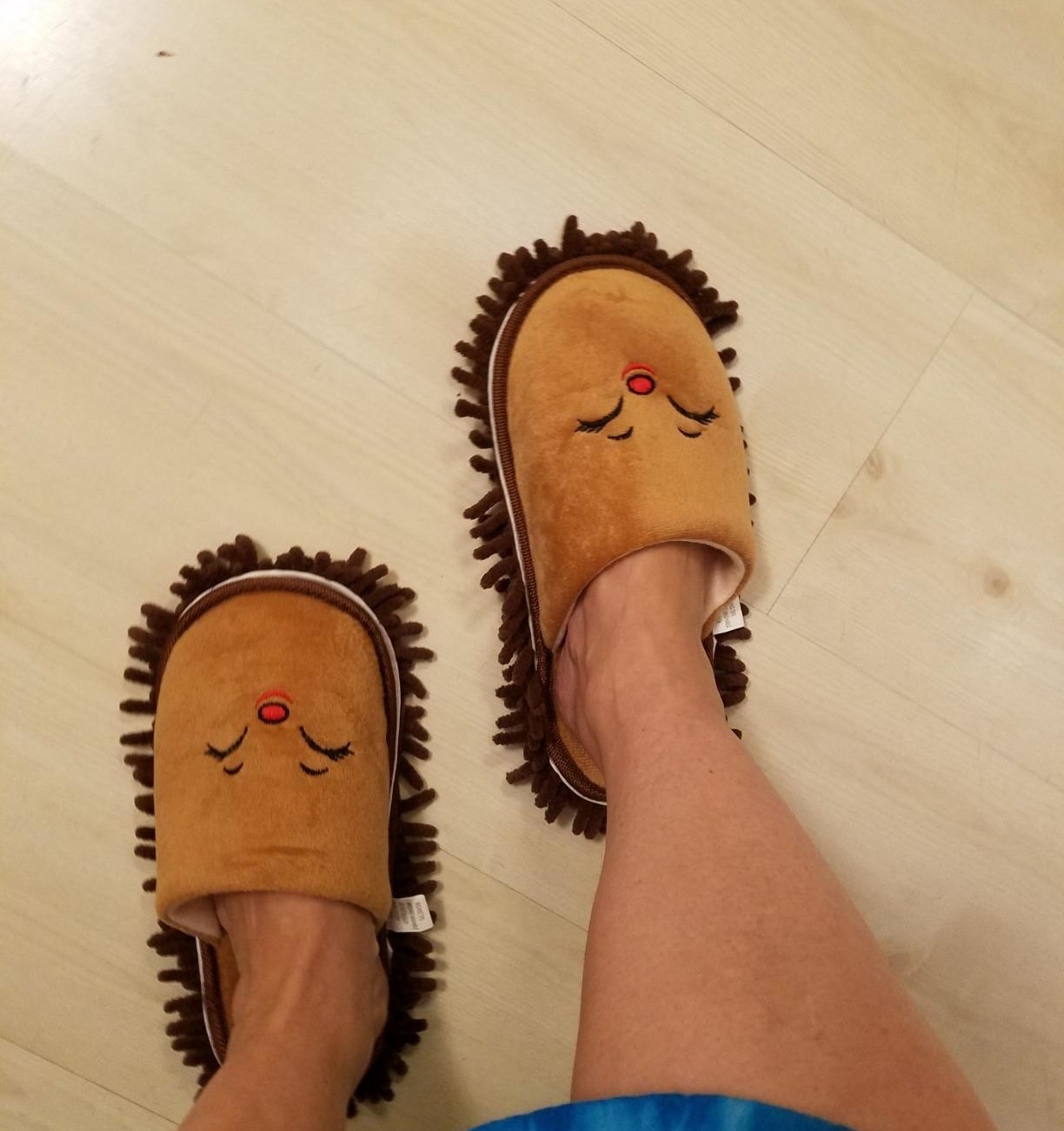 reviewer wearing mop slippers on their hardwood floors 