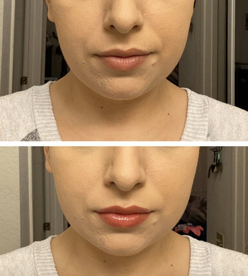 reviewer before and after photo showing the pink lip tint