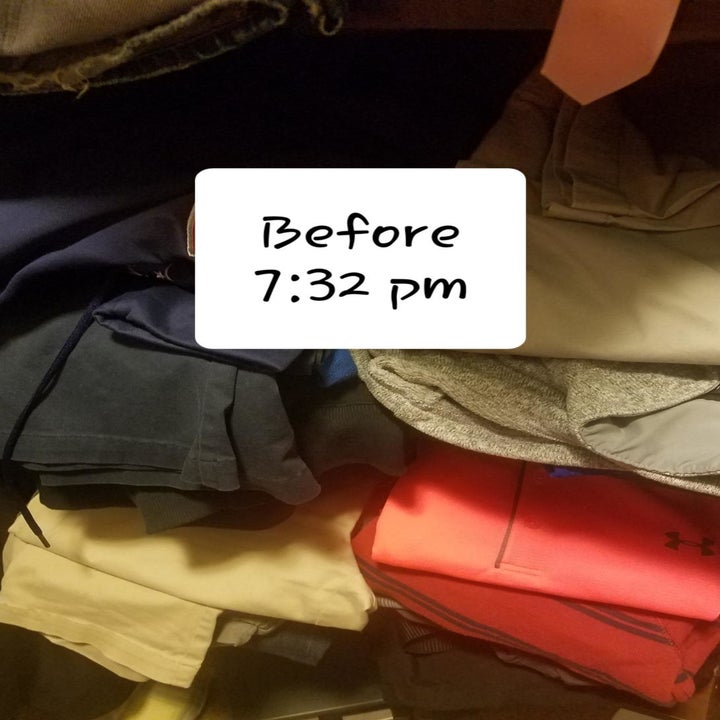 reviewer photo showing messy shelves in their disorganized closet at 7:32pm