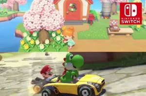 Der Bildschirm ist zweigeteilt. Im oberen Teil ist Animal Crossing zu sehen. Im unteren Yoshi und Super Mario, die in Mario Kart ein Rennen fahren.