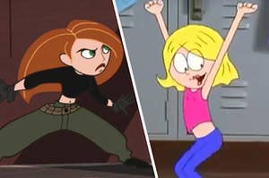 Kim Possible is lunging on the left with Lizzie McGuire reaching her arms out
