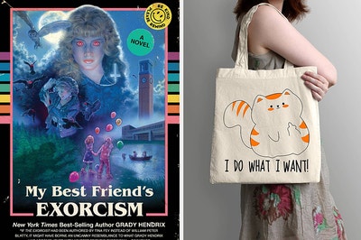split thumbnail of book cover "my best friend's exorcism," a cat tote bag 