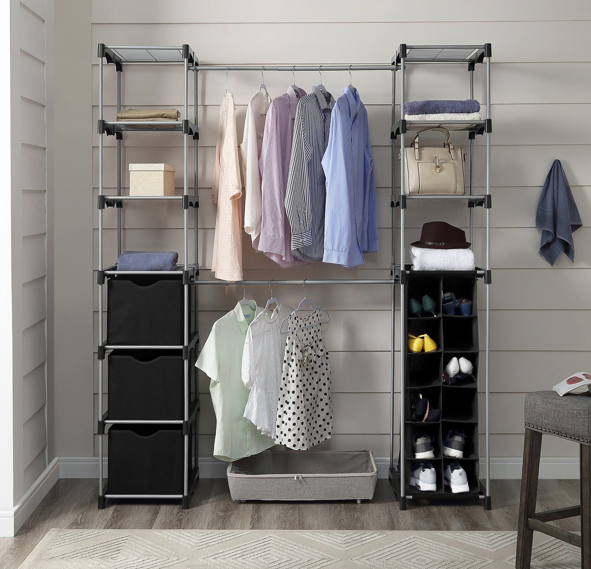 The closet system with shoes, clothes, and accessories