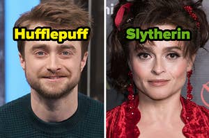 Daniel Radcliffe is on the left labeled, "Hufflepuff" with Helena Bonham Carter labeled "Slytherin"