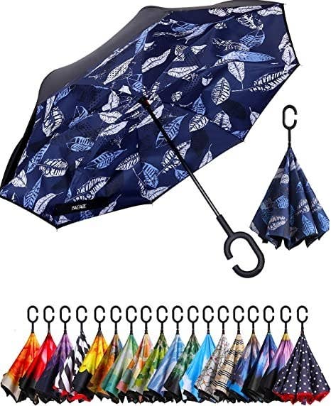 the umbrella with a leaf print pattern on the inside of the umbrella