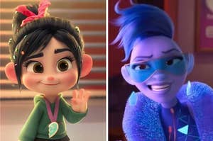 Vanellope is waving on the left with Yesss wearing sunglasses on the right