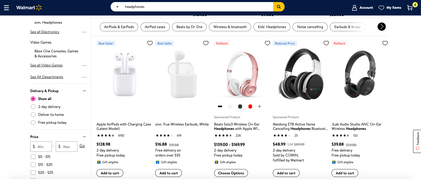 Screenshot from walmart.com showing several headphones available for purchase 