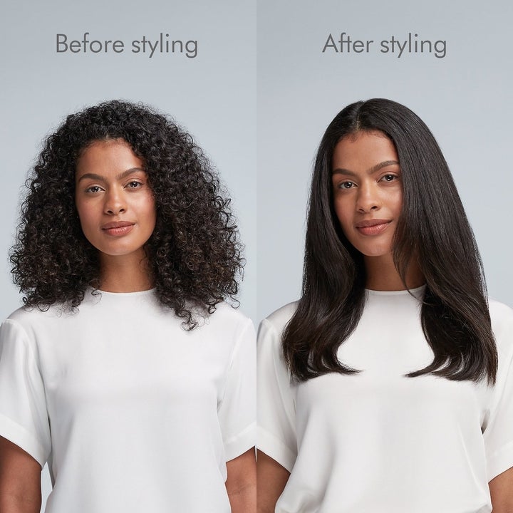 a side by side of someone with kinky curls before using the product then the same person with sleek straight hair after styling