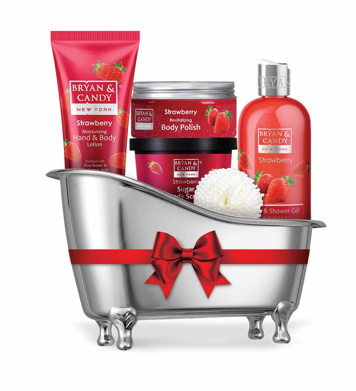 Strawberry scented shower products in a tub