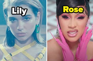 Dua Lipa is on the left labeled, "Lily" with Cardi B on the right labeled, "Rose"