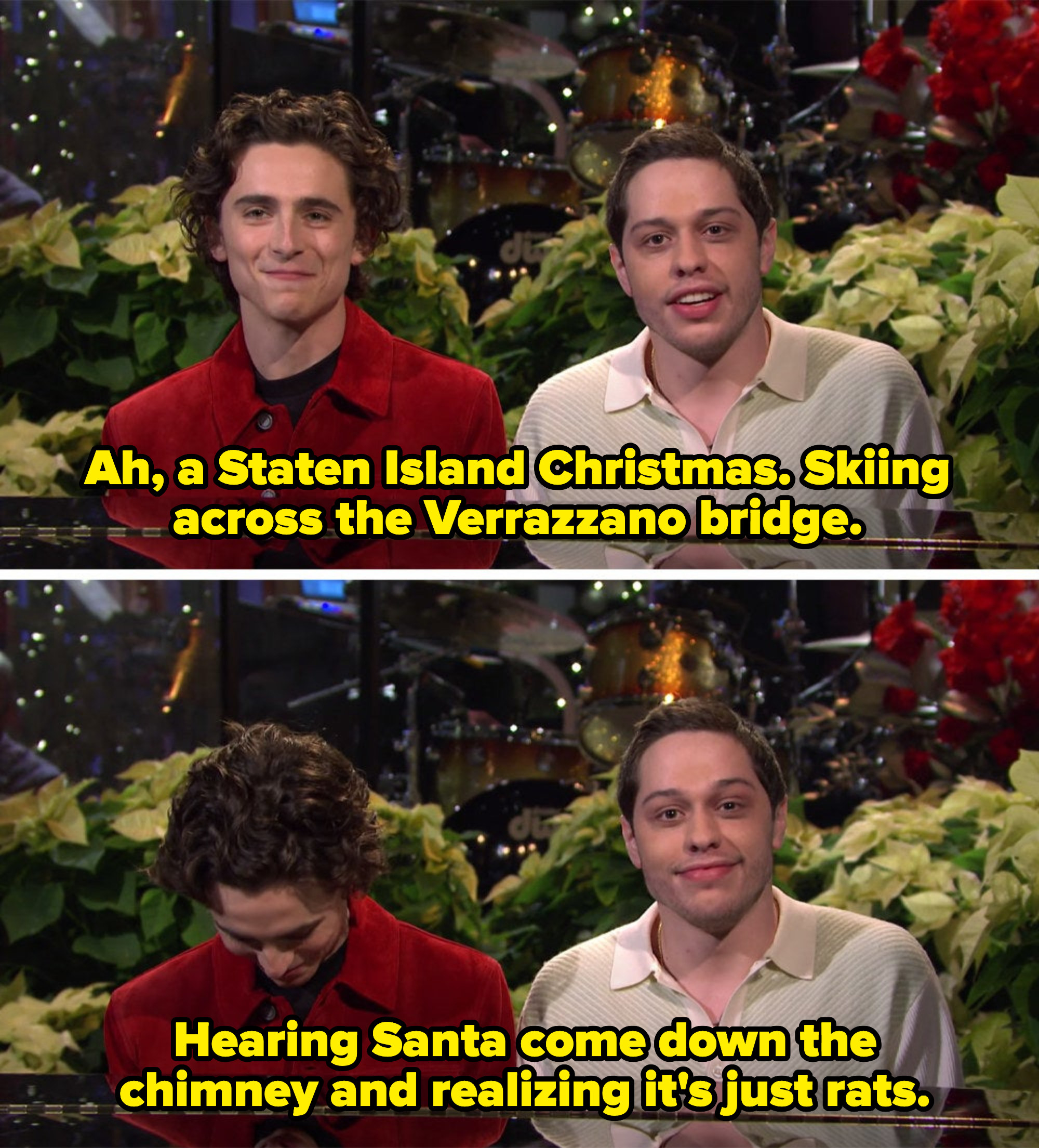 Pete talking about skiing on the bridge and rats coming down the chimney instead of Santa