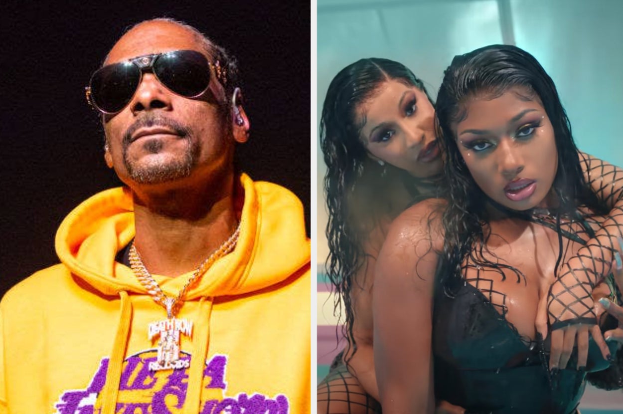 Snoop Dogg on stage next to an image of Cardi B and Megan Thee Stallion in the "WAP" music video