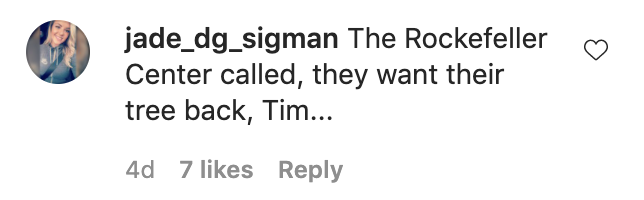 A comment that reads: The Rockefeller Center called, they want their tree back, Tim
