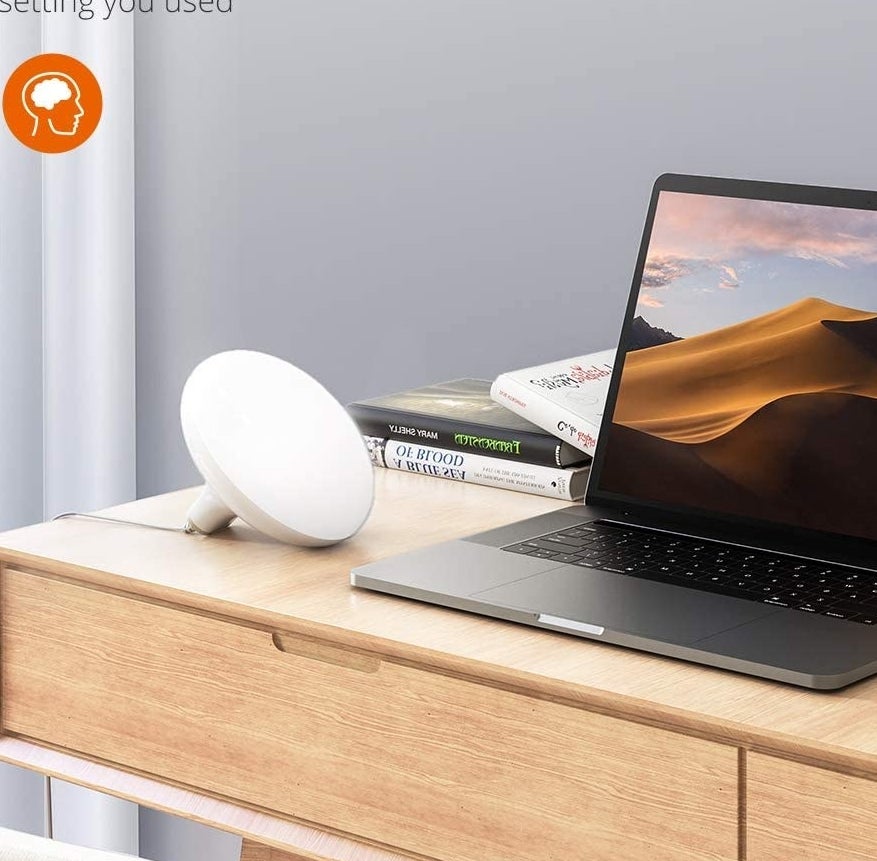 The lamp next to a laptop on a desk