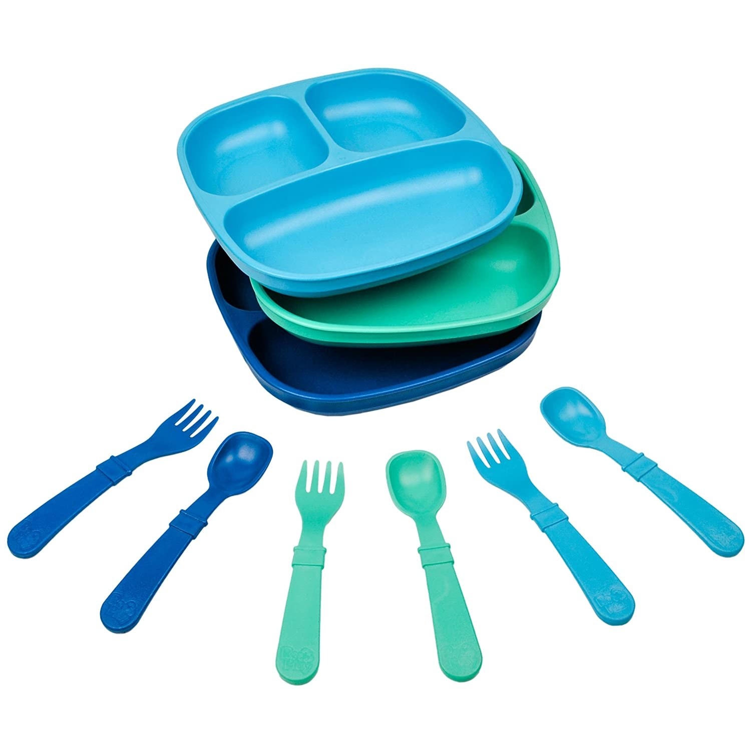 A teal and blue set with three plates and matching flatware, made from recycled milk jugs.