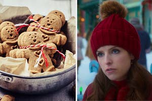 A bowl of gingerbread cookies are on the left with Noelle on the right wearing a hat