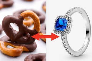 A chocolate covered pretzel is on the left with an arrow pointing at a Diamond Pandora ring