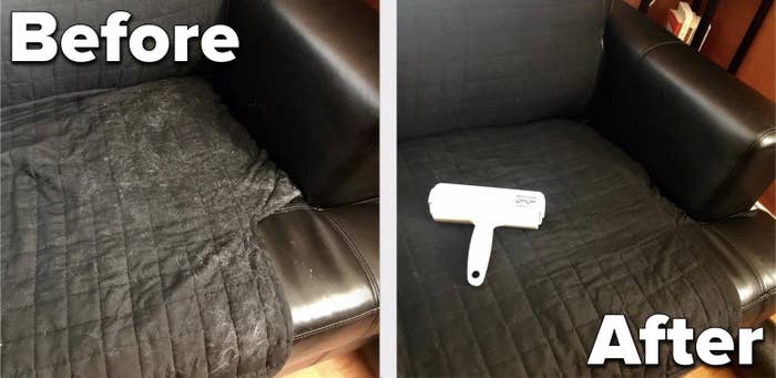 Couch before and after using pet roller.
