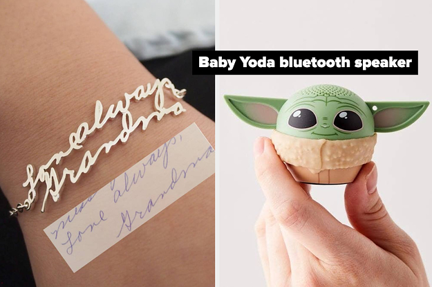on left a handwriting bracelet and on right a Baby Yoda speaker