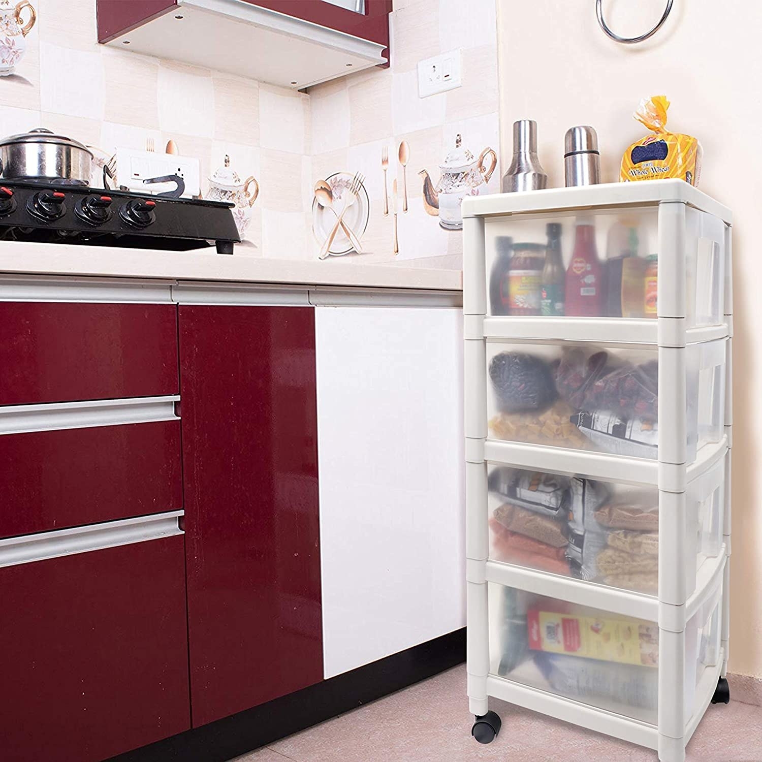 A portable storage rack in a kitchen