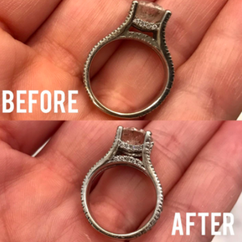 reviewer pic of dim, dirty looking ring as before, then gleaming silver ring as the after 